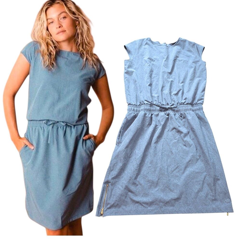 ALBION GOING PLACES Sz L Cornflower Blue Drawstring Waist Athleisure Mini Dress